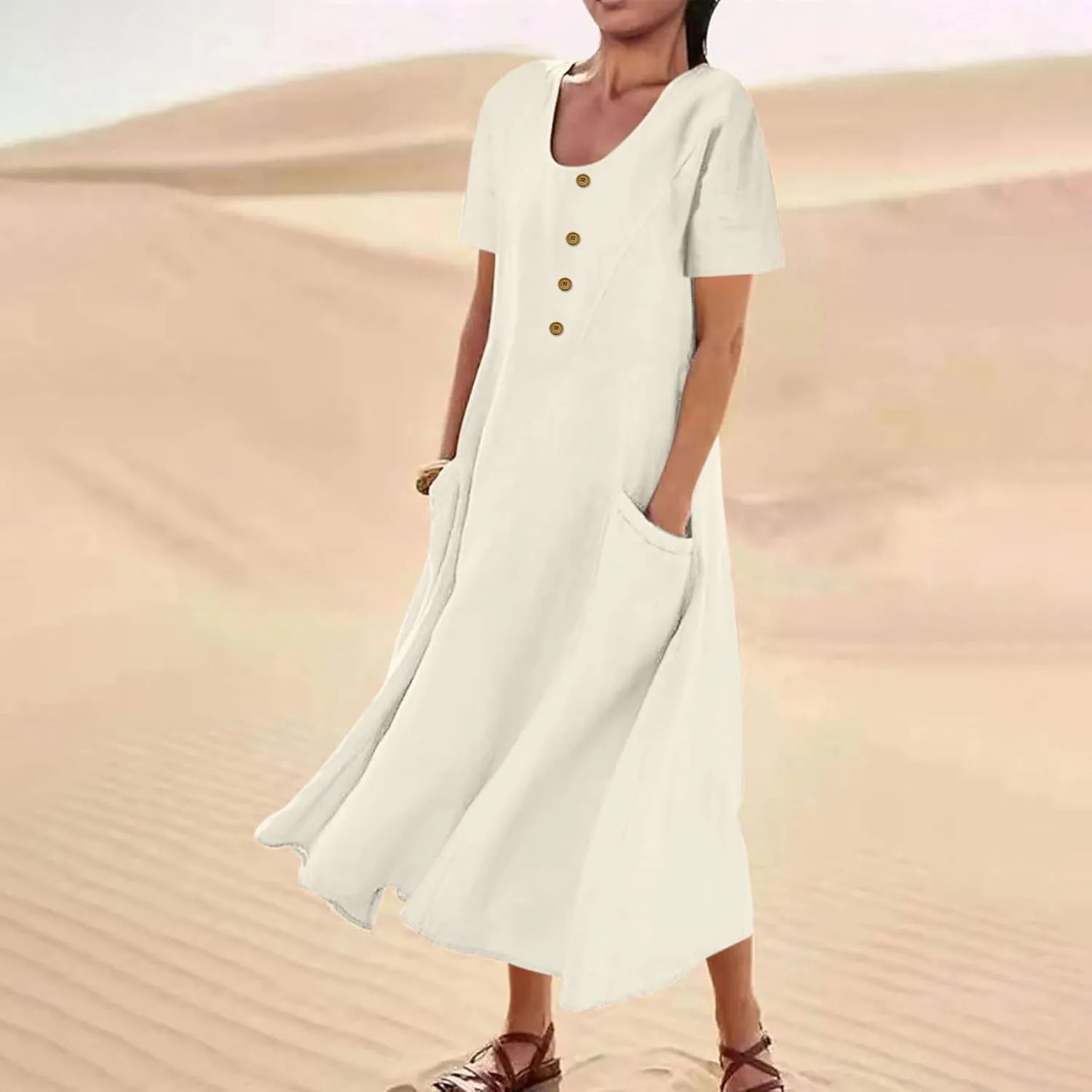 Finelylove Womens Cotton Linen Long Dress Short Sleeve Loose Flowy Dress Casual Midi Summer Beach Sundress with Pockets