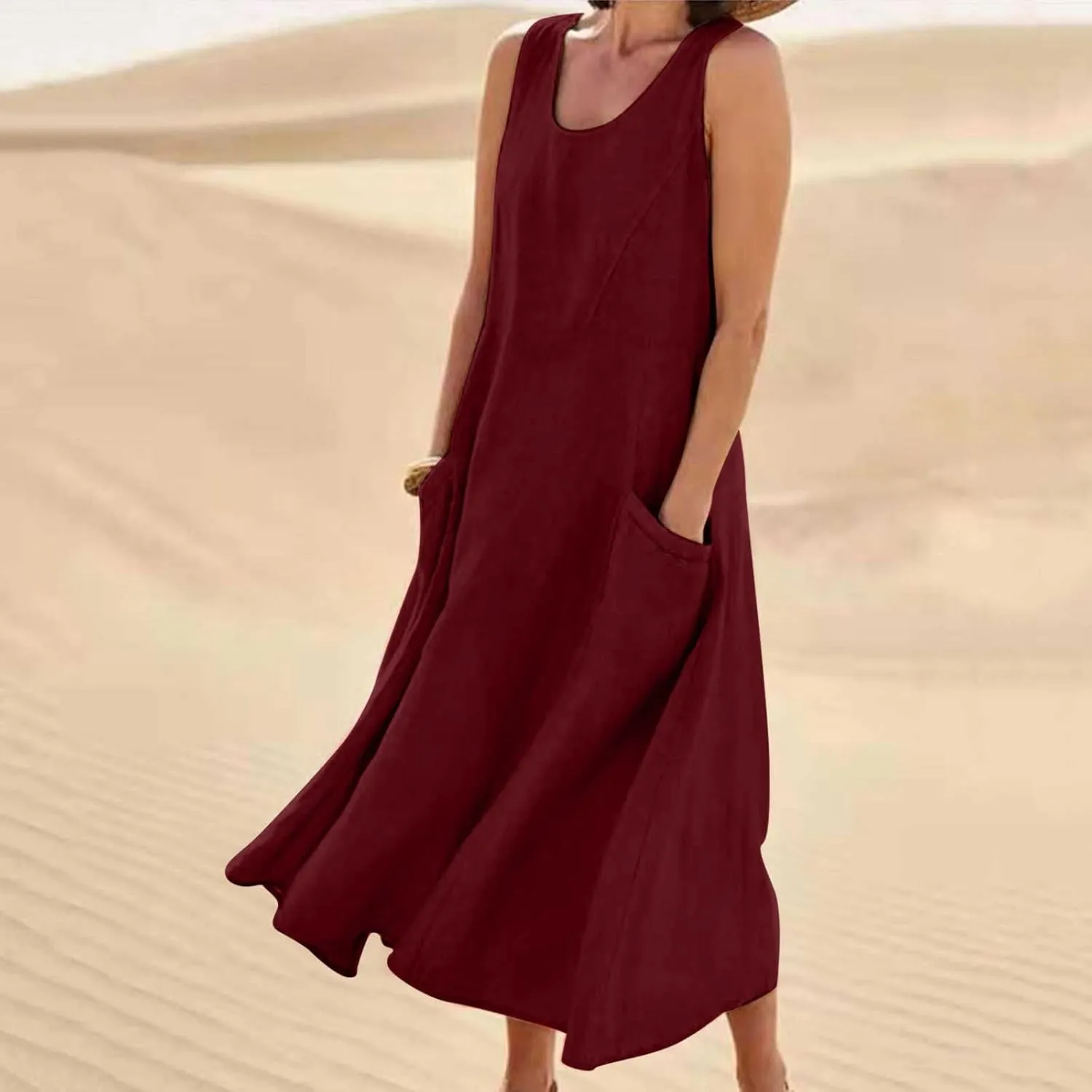Finelylove Womens Summer Dresses Bohemian Cotton Linen Dress Sleeveless Loose Tanke Dress Flowy Long Beach Casual Sundress