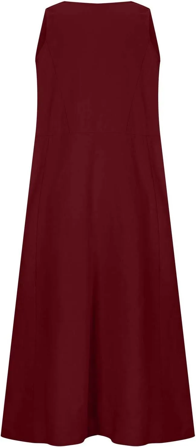 Finelylove Womens Summer Dresses Bohemian Cotton Linen Dress Sleeveless Loose Tanke Dress Flowy Long Beach Casual Sundress