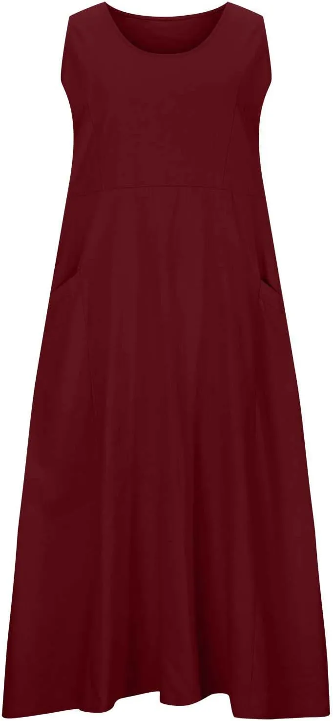 Finelylove Womens Summer Dresses Bohemian Cotton Linen Dress Sleeveless Loose Tanke Dress Flowy Long Beach Casual Sundress