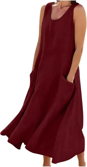 Finelylove Womens Summer Dresses Bohemian Cotton Linen Dress Sleeveless Loose Tanke Dress Flowy Long Beach Casual Sundress