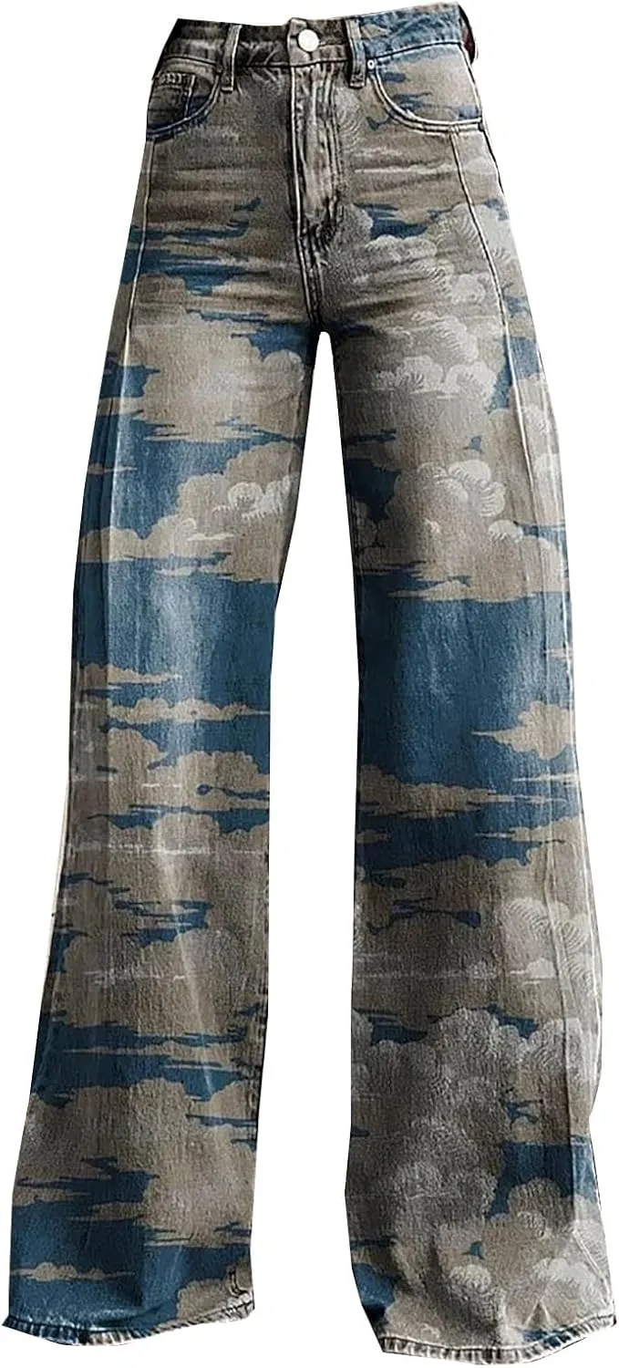 Flare Jeans for Women Wide Leg Jeans 2025 Woman Vintage Floral Print High Waisted Straight Stretch Pants with Pocket