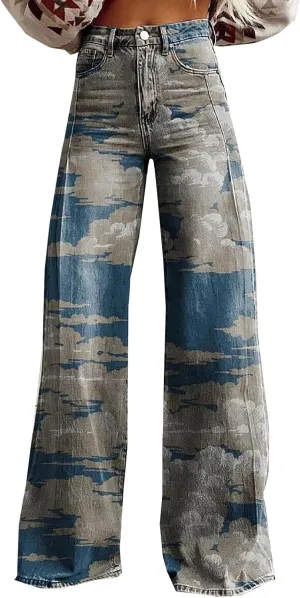 Flare Jeans for Women Wide Leg Jeans 2025 Woman Vintage Floral Print High Waisted Straight Stretch Pants with Pocket