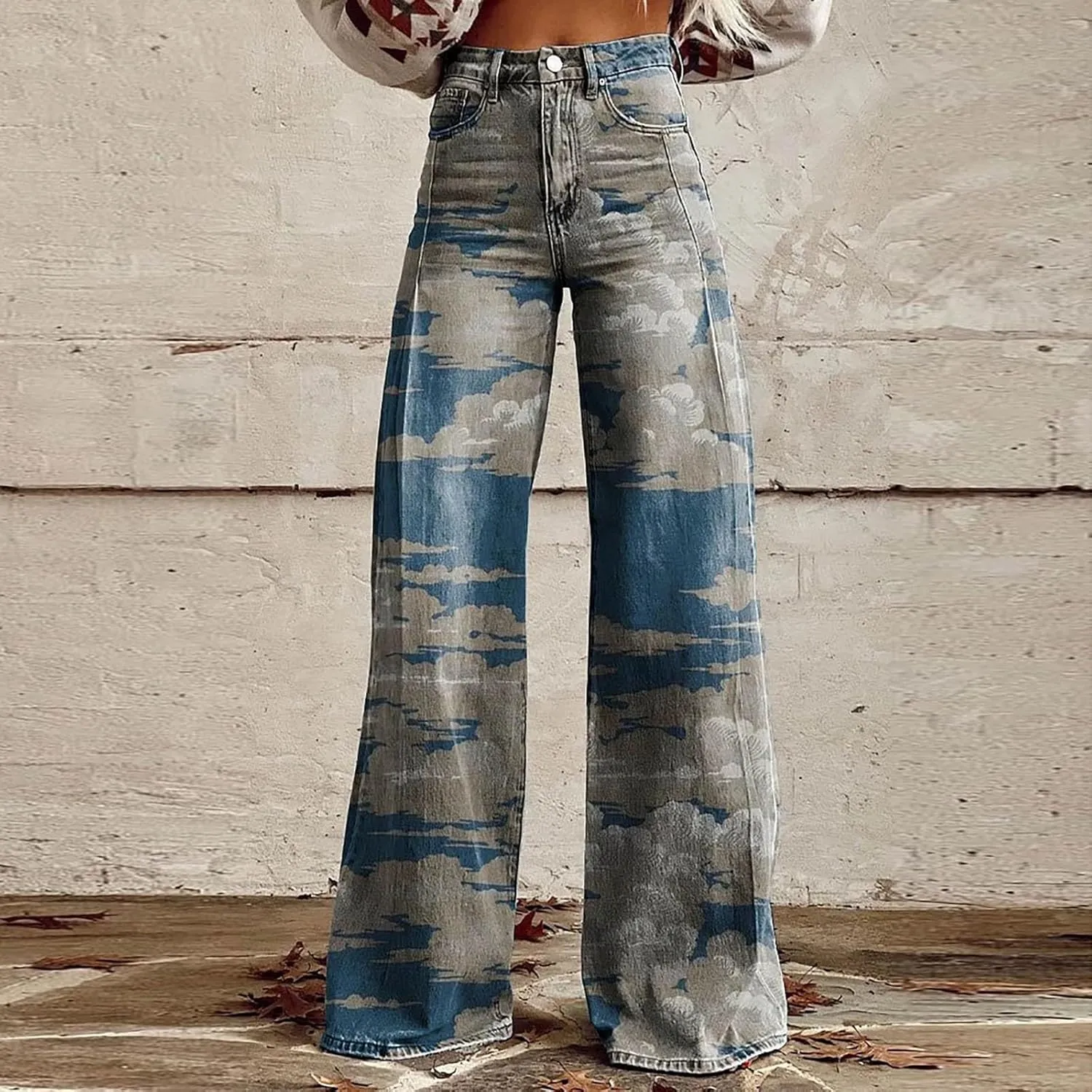 Flare Jeans for Women Wide Leg Jeans 2025 Woman Vintage Floral Print High Waisted Straight Stretch Pants with Pocket