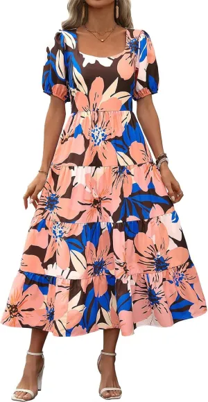 Floral Dress for Women Summer Puff Short Sleeve Square Neck Maxi Dress Casual Ruffle High Waist Dresses 2025
