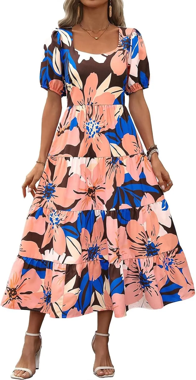 Floral Dress for Women Summer Puff Short Sleeve Square Neck Maxi Dress Casual Ruffle High Waist Dresses 2025