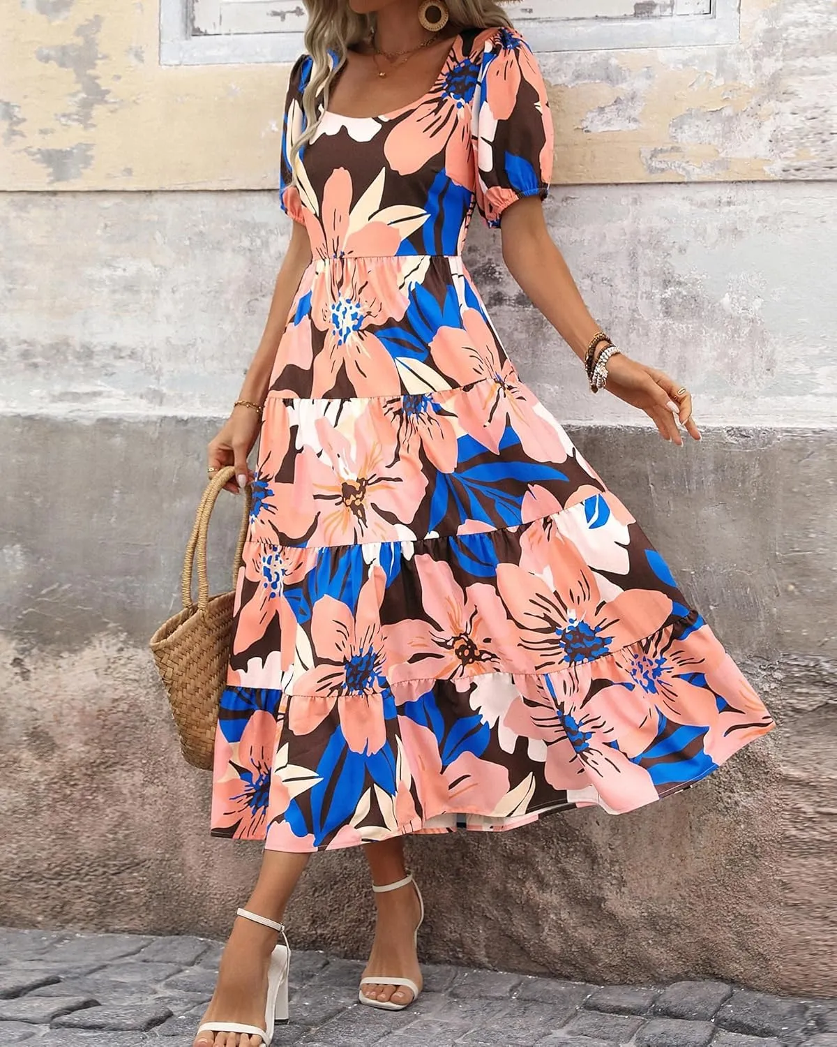 Floral Dress for Women Summer Puff Short Sleeve Square Neck Maxi Dress Casual Ruffle High Waist Dresses 2025