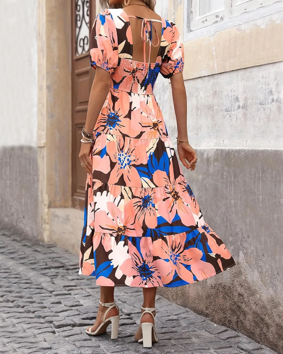 Floral Dress for Women Summer Puff Short Sleeve Square Neck Maxi Dress Casual Ruffle High Waist Dresses 2025