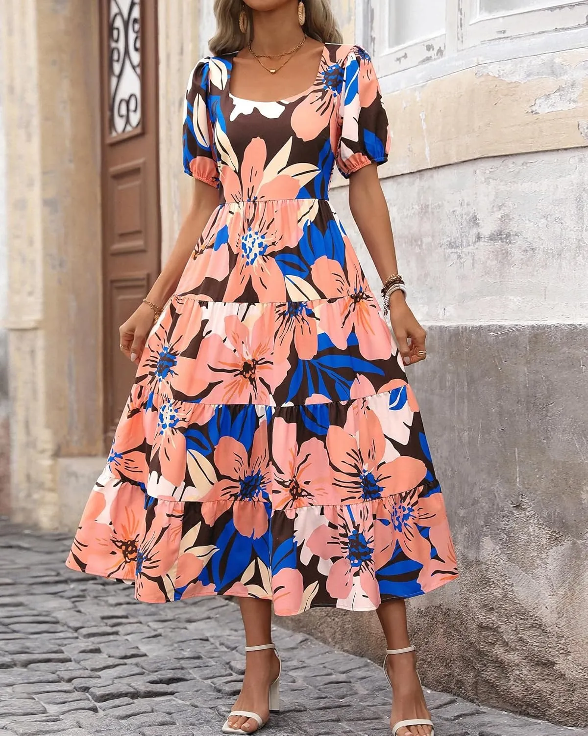 Floral Dress for Women Summer Puff Short Sleeve Square Neck Maxi Dress Casual Ruffle High Waist Dresses 2025