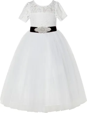 Floral Lace Tulle Flower Girl Dresses with Sleeves for Bridesmaid LG2R3