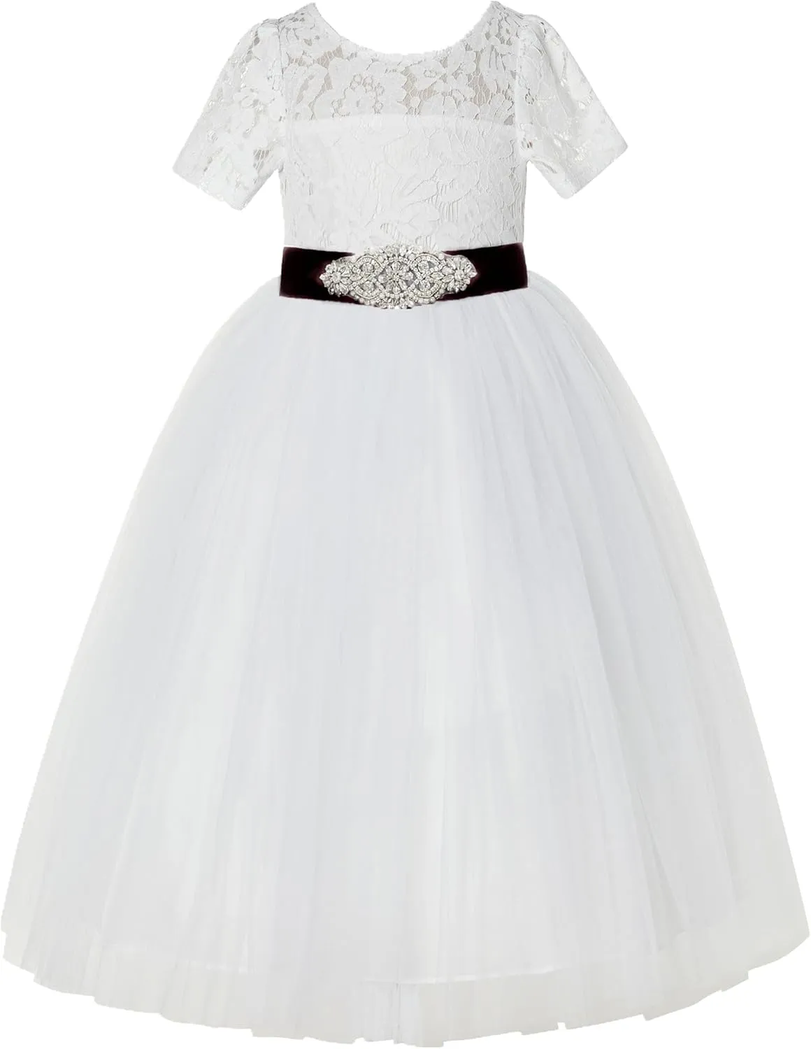 Floral Lace Tulle Flower Girl Dresses with Sleeves for Bridesmaid LG2R3