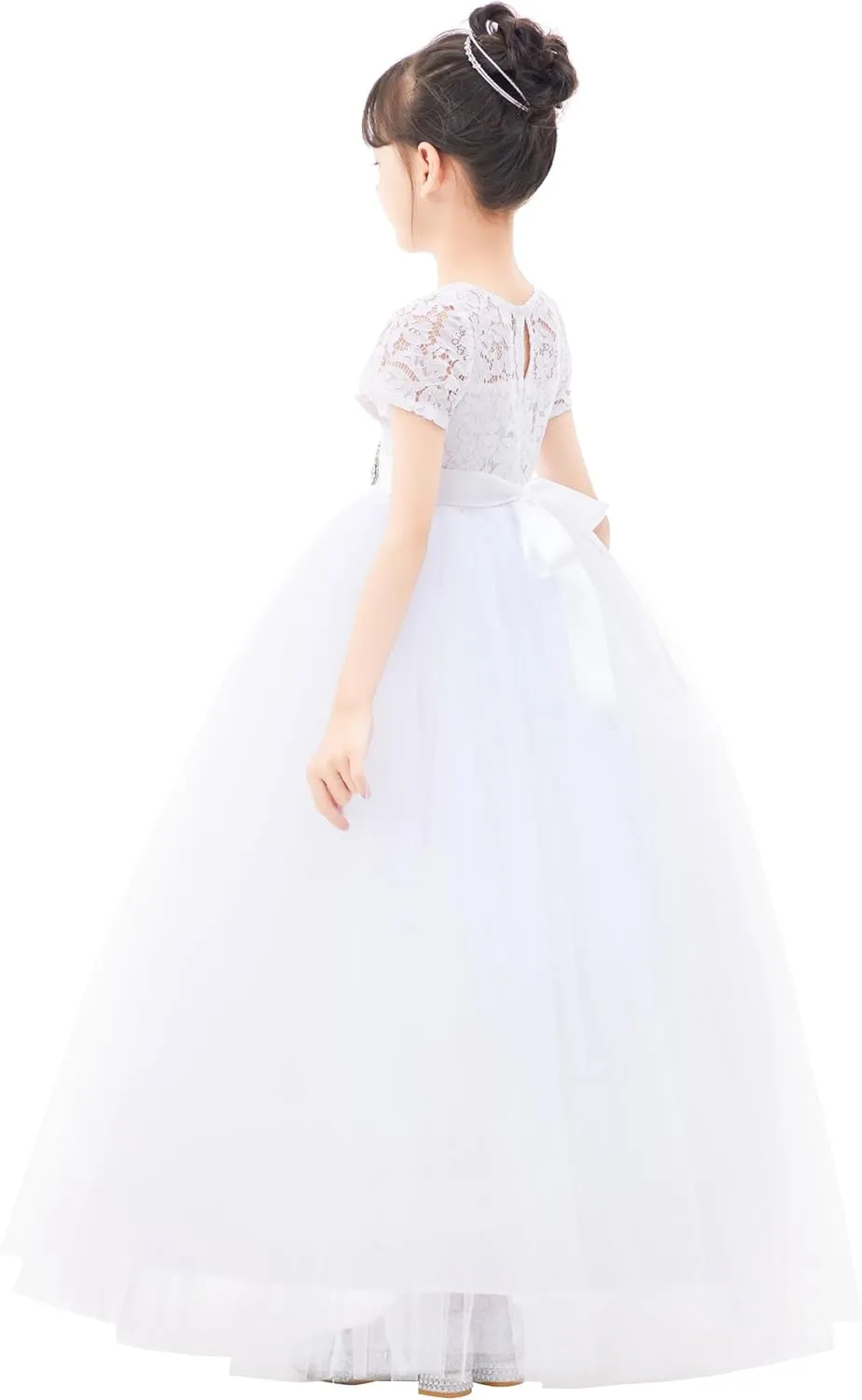 Floral Lace Tulle Flower Girl Dresses with Sleeves for Bridesmaid LG2R3