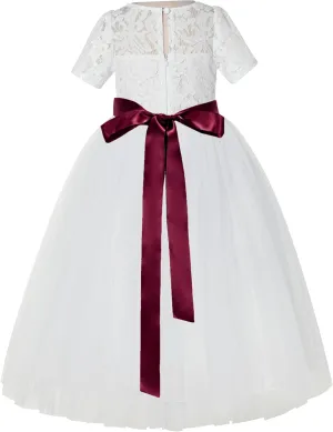 Floral Lace Tulle Flower Girl Dresses with Sleeves for Bridesmaid LG2R3