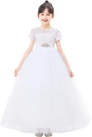 Floral Lace Tulle Flower Girl Dresses with Sleeves for Bridesmaid LG2R3