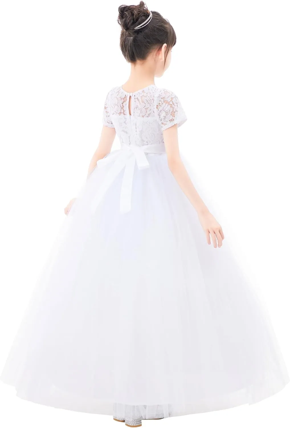 Floral Lace Tulle Flower Girl Dresses with Sleeves for Bridesmaid LG2R3