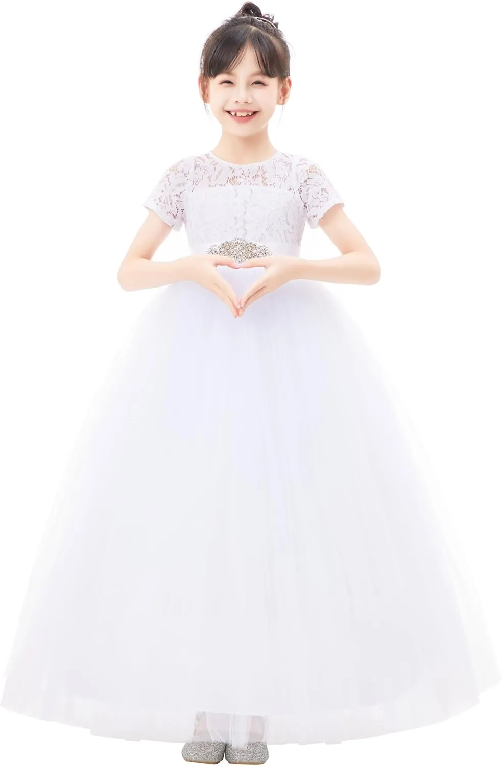 Floral Lace Tulle Flower Girl Dresses with Sleeves for Bridesmaid LG2R3