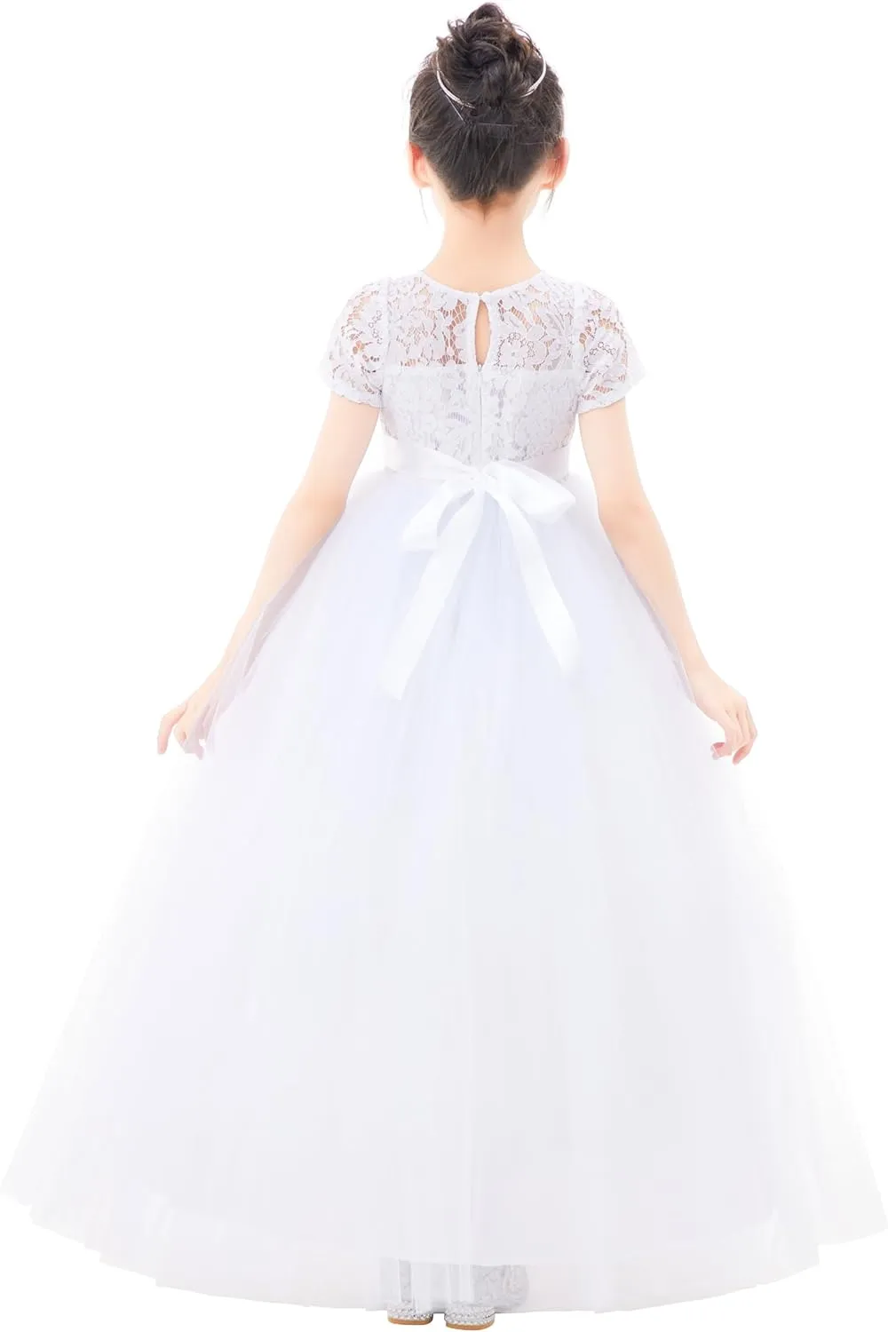 Floral Lace Tulle Flower Girl Dresses with Sleeves for Bridesmaid LG2R3