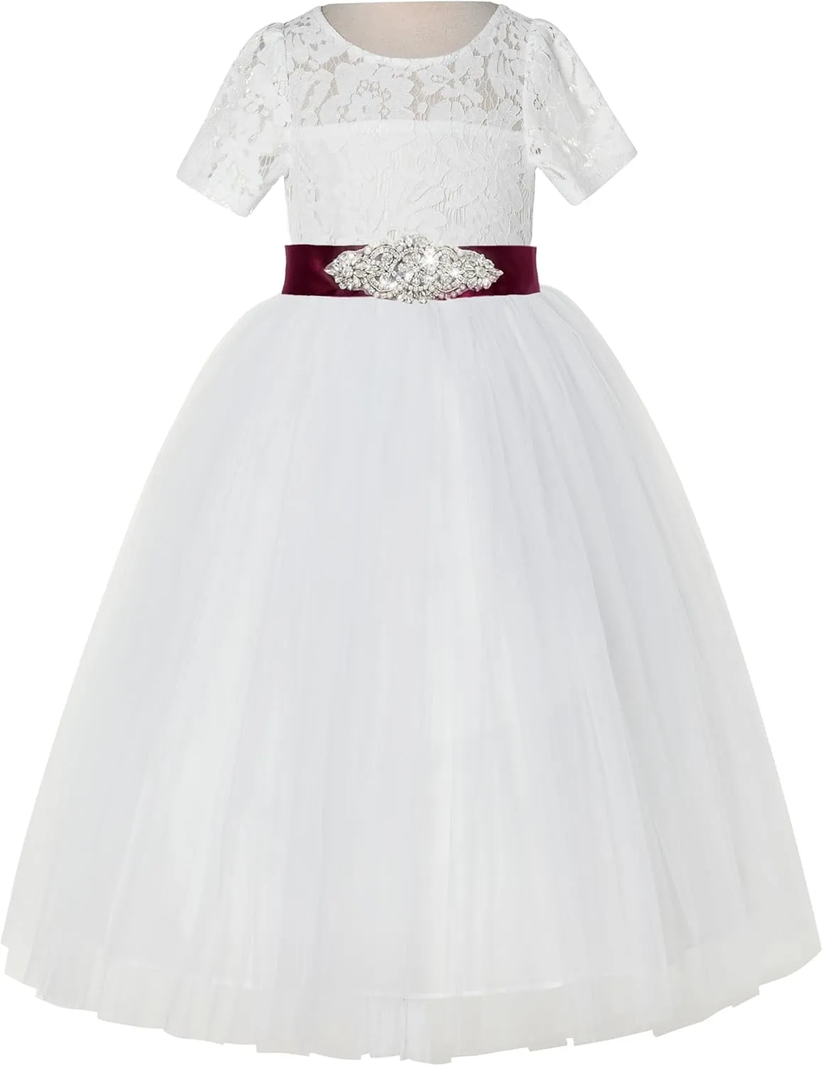 Floral Lace Tulle Flower Girl Dresses with Sleeves for Bridesmaid LG2R3