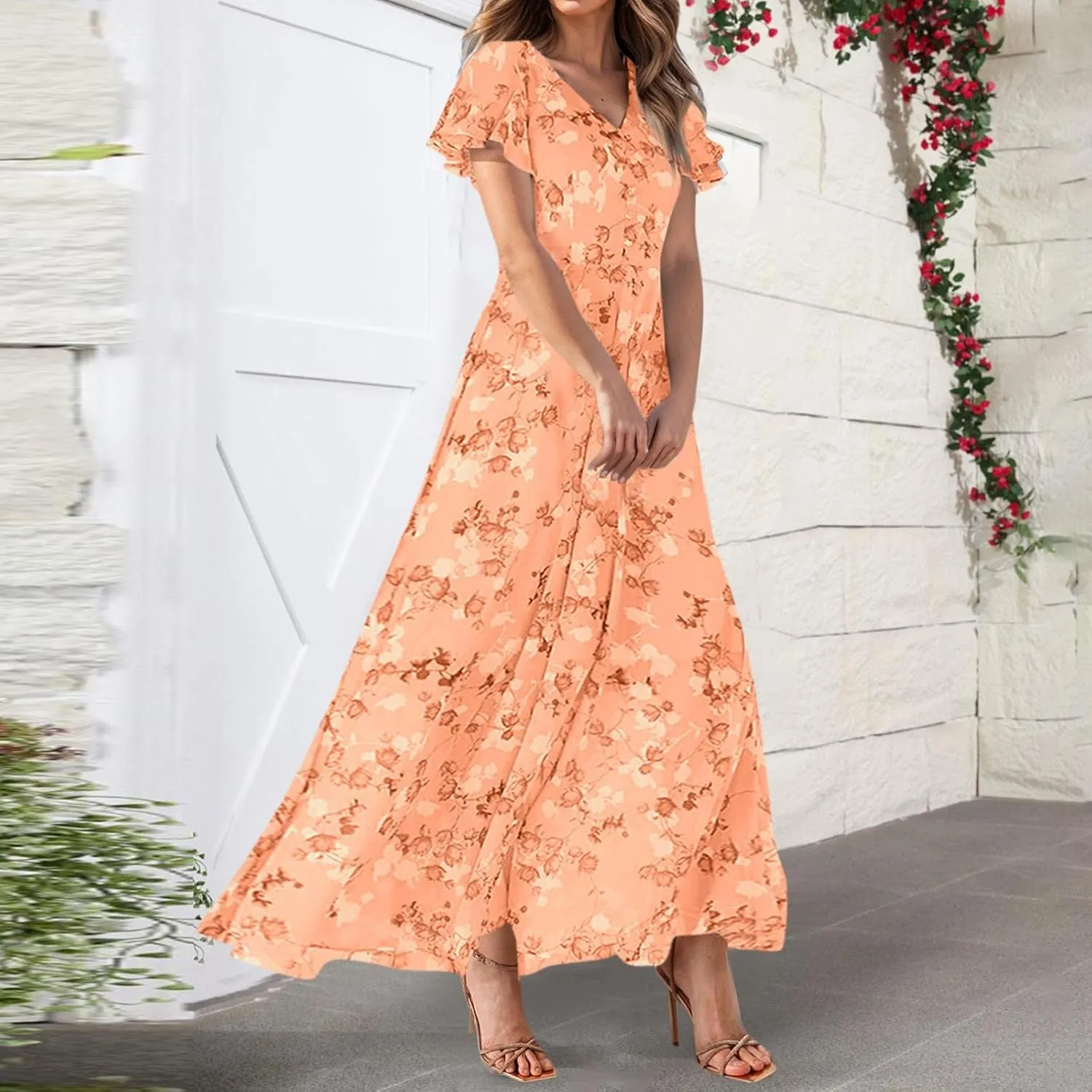 Floral Maxi Dresses for Women 2025 Summer Elegant Flutter Sleeve Long Flowy Dresses Trendy V Neck Chiffon Garden Party Dress