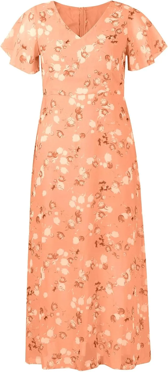 Floral Maxi Dresses for Women 2025 Summer Elegant Flutter Sleeve Long Flowy Dresses Trendy V Neck Chiffon Garden Party Dress