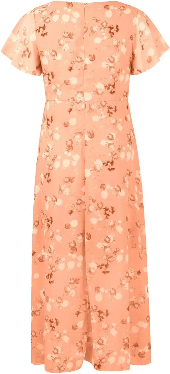 Floral Maxi Dresses for Women 2025 Summer Elegant Flutter Sleeve Long Flowy Dresses Trendy V Neck Chiffon Garden Party Dress