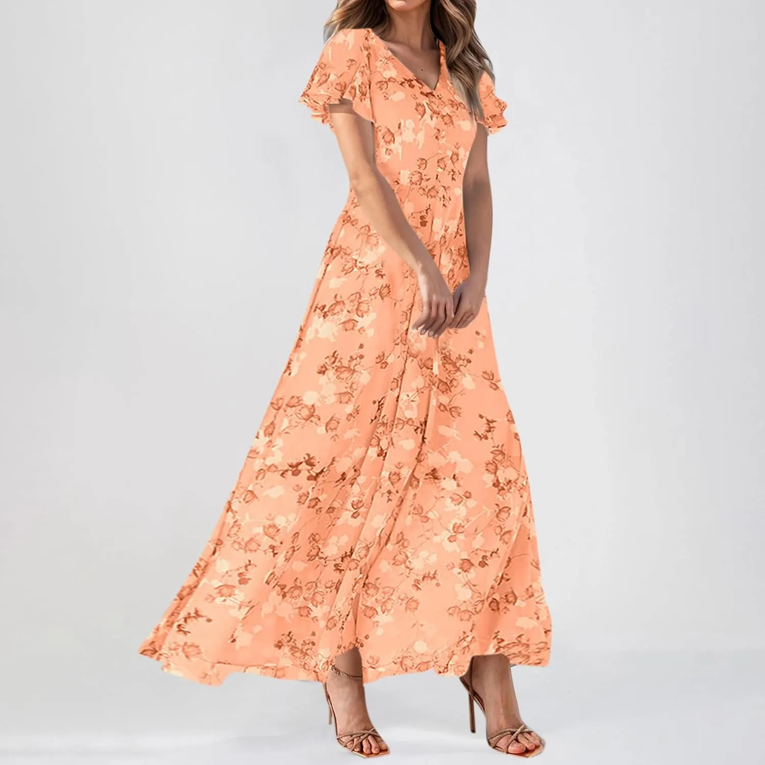 Floral Maxi Dresses for Women 2025 Summer Elegant Flutter Sleeve Long Flowy Dresses Trendy V Neck Chiffon Garden Party Dress