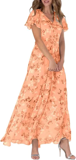 Floral Maxi Dresses for Women 2025 Summer Elegant Flutter Sleeve Long Flowy Dresses Trendy V Neck Chiffon Garden Party Dress