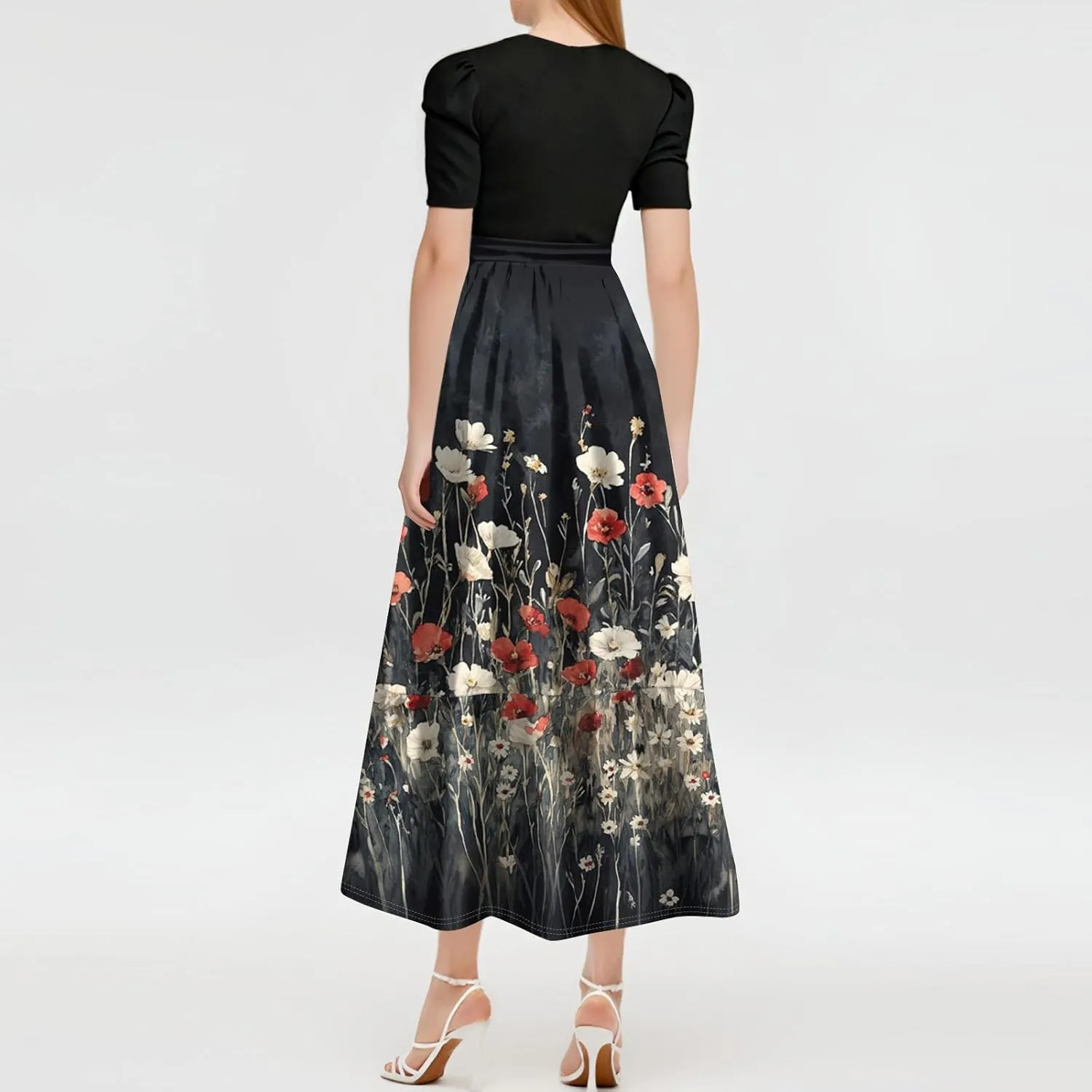 Floral Wedding Guest Dresses for Women- Y2k Tie Puff Short Sleeve Maxi Dress Flowy Patchwork Ruffle Hem Modest Dresses