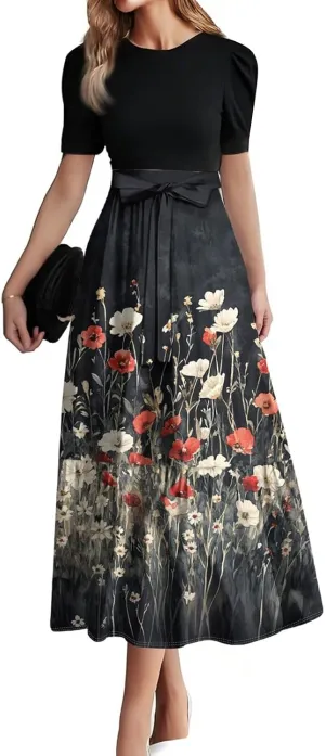 Floral Wedding Guest Dresses for Women- Y2k Tie Puff Short Sleeve Maxi Dress Flowy Patchwork Ruffle Hem Modest Dresses