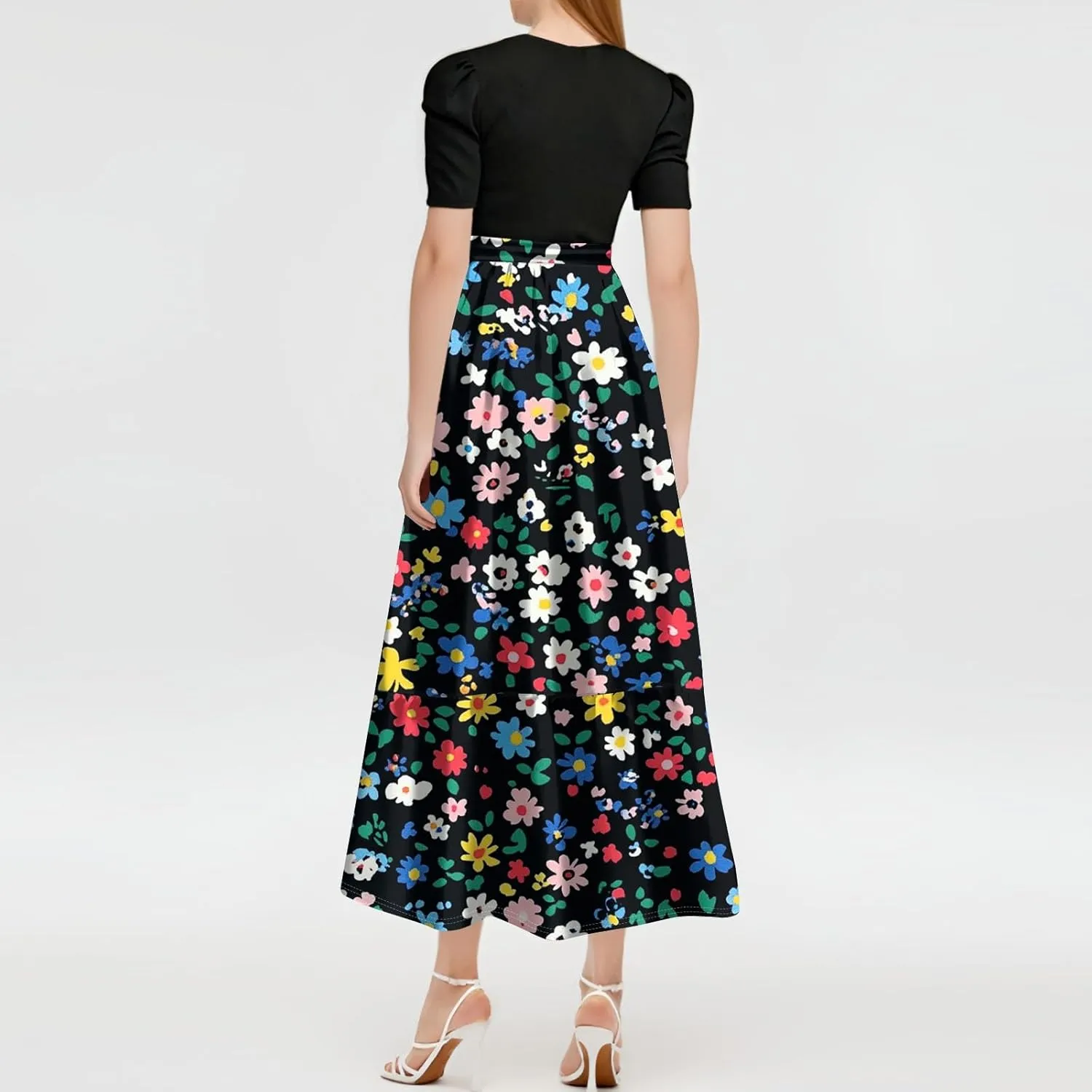 Floral Wedding Guest Dresses for Women- Y2k Tie Puff Short Sleeve Maxi Dress Flowy Patchwork Ruffle Hem Modest Dresses
