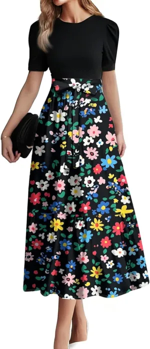 Floral Wedding Guest Dresses for Women- Y2k Tie Puff Short Sleeve Maxi Dress Flowy Patchwork Ruffle Hem Modest Dresses