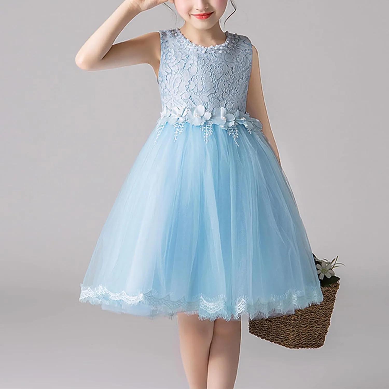 Flower Girls Embroidered Lace Tulle Princess Pageant Dress for Wedding Kids Prom Ball Gowns with Bow-Knot for 3-14 Years