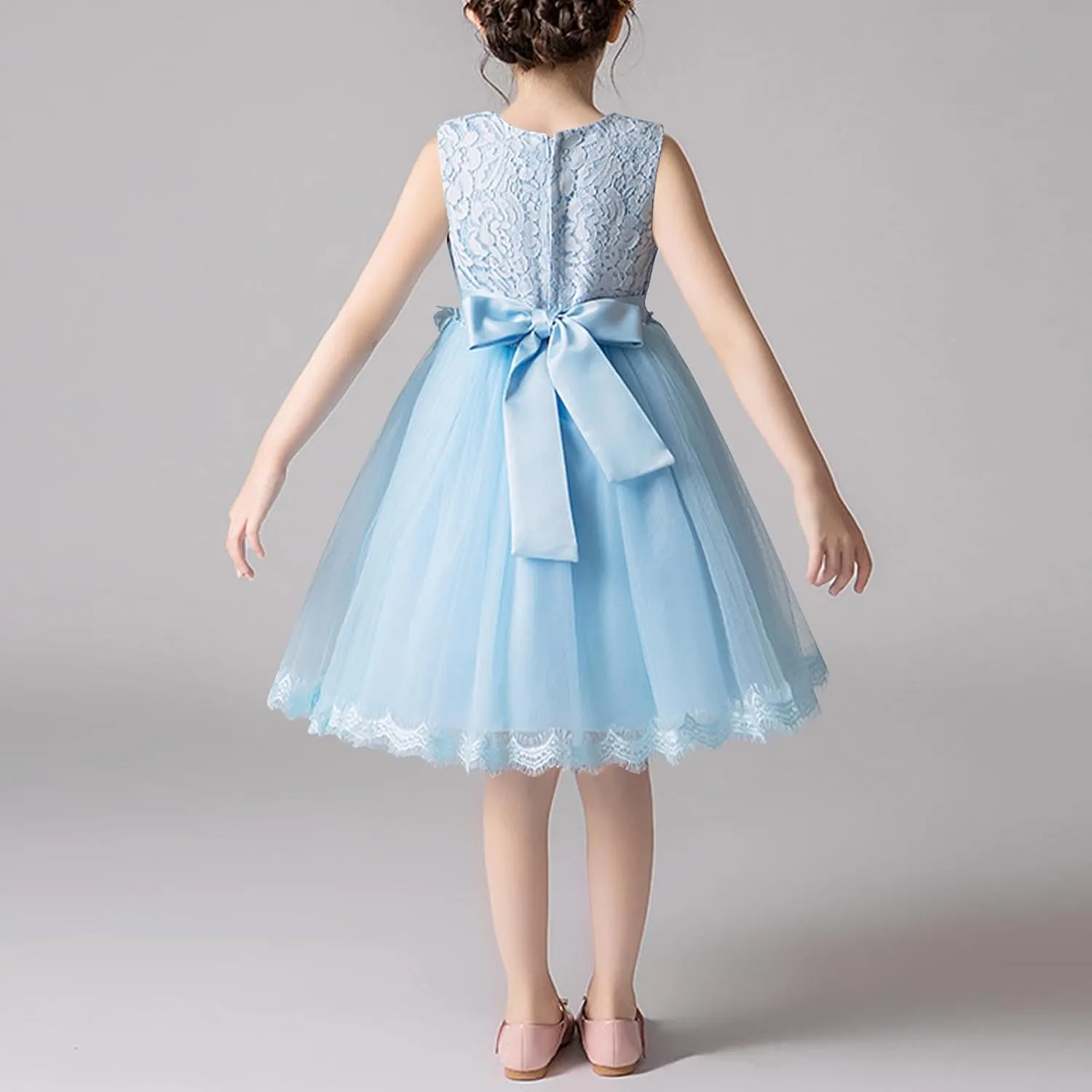 Flower Girls Embroidered Lace Tulle Princess Pageant Dress for Wedding Kids Prom Ball Gowns with Bow-Knot for 3-14 Years