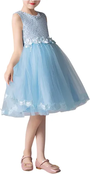 Flower Girls Embroidered Lace Tulle Princess Pageant Dress for Wedding Kids Prom Ball Gowns with Bow-Knot for 3-14 Years
