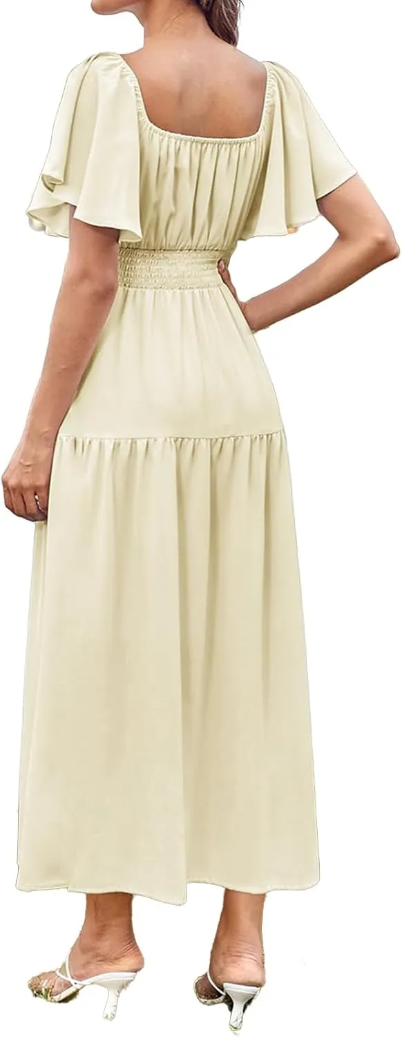 Flowy Maxi Dresses for Women Summer Casual A Line Dress Short Sleeve Square Neck Smocked Waist Beach Vacation Sundress