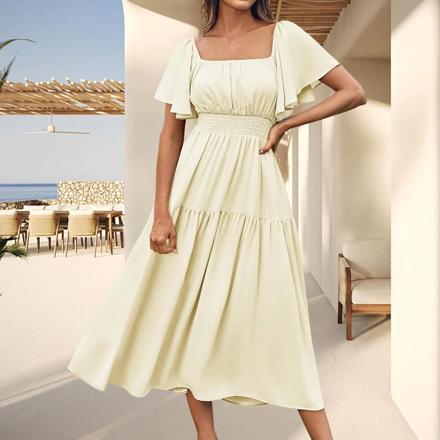 Flowy Maxi Dresses for Women Summer Casual A Line Dress Short Sleeve Square Neck Smocked Waist Beach Vacation Sundress