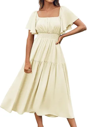 Flowy Maxi Dresses for Women Summer Casual A Line Dress Short Sleeve Square Neck Smocked Waist Beach Vacation Sundress