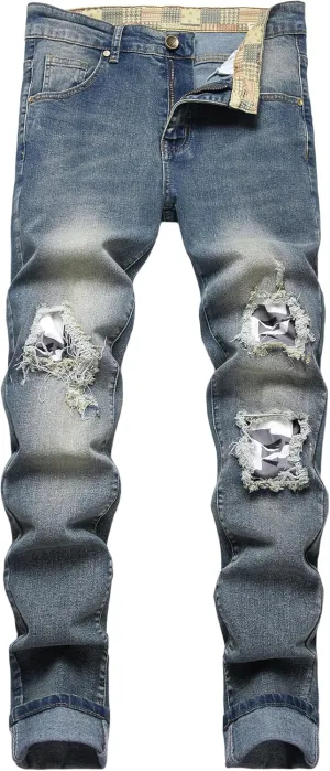 FREDD MARSHALL Men's Skinny Slim Fit Ripped Distressed Stretch Jeans Pants