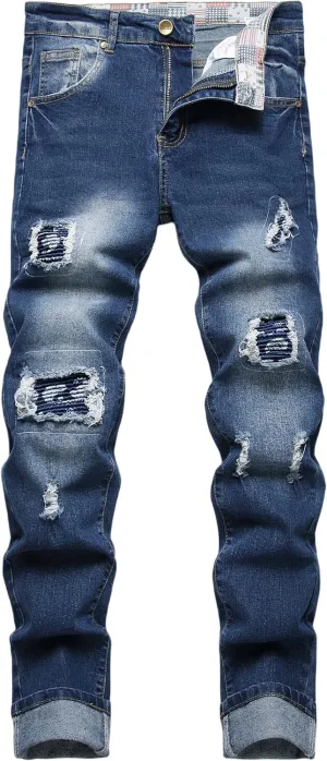 FREDD MARSHALL Men's Skinny Slim Fit Ripped Distressed Stretch Jeans Pants