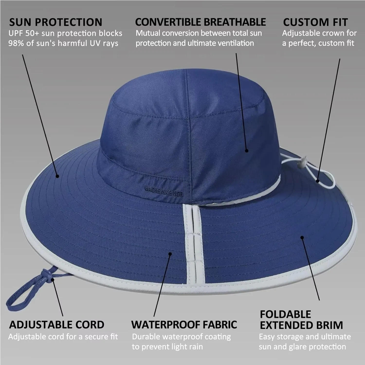 GADIEMKENSD Foldable Sun Hats - Full Coverage, Convertible Breathable, UPF 50 
