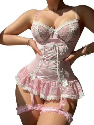 Genhoo Sexy Lingerie for Women Lace Up Corset Exotic Lingerie Sets Lace Teddy Bodysuit with Garter Belt