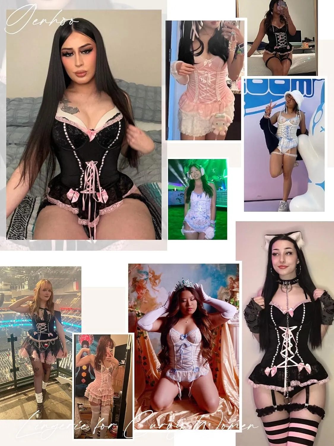 Genhoo Sexy Lingerie for Women Lace Up Corset Exotic Lingerie Sets Lace Teddy Bodysuit with Garter Belt