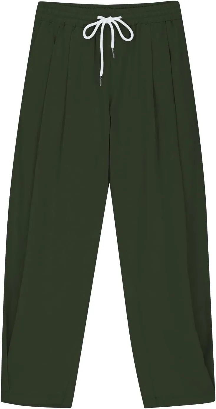 Girls Linen Harem Pants Summer Casual Loose Lightweight Solid Drawstring Vacation Palazzo Wide Leg Pants with Pockets