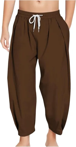 Girls Linen Harem Pants Summer Casual Loose Lightweight Solid Drawstring Vacation Palazzo Wide Leg Pants with Pockets