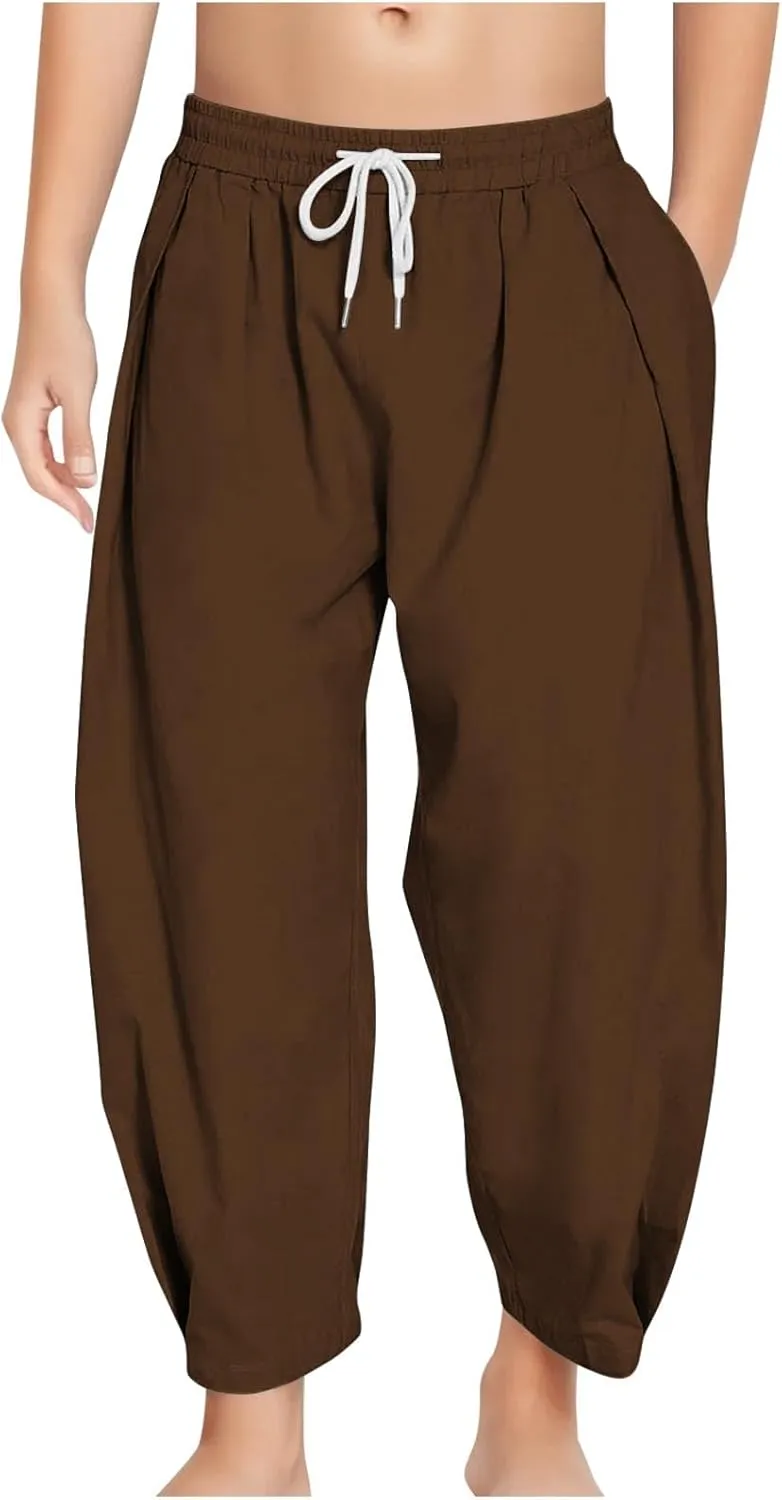 Girls Linen Harem Pants Summer Casual Loose Lightweight Solid Drawstring Vacation Palazzo Wide Leg Pants with Pockets