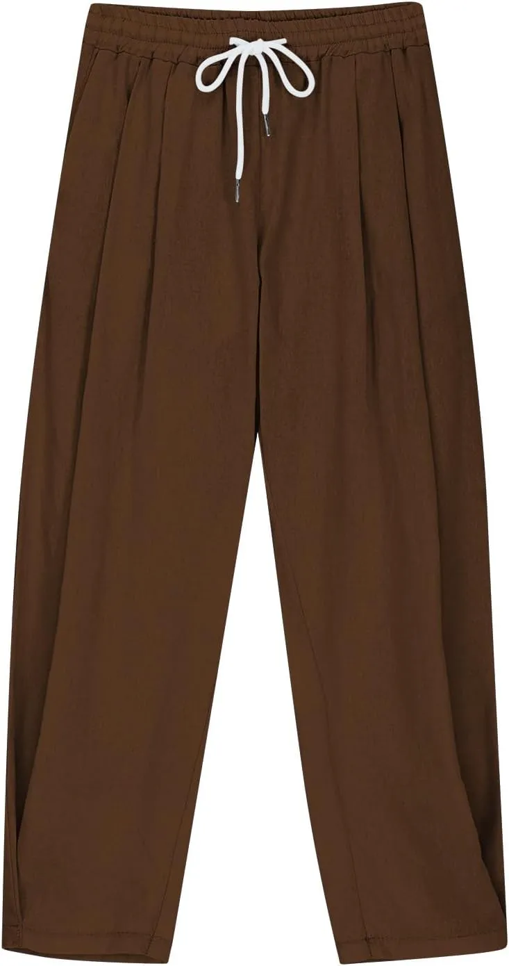 Girls Linen Harem Pants Summer Casual Loose Lightweight Solid Drawstring Vacation Palazzo Wide Leg Pants with Pockets