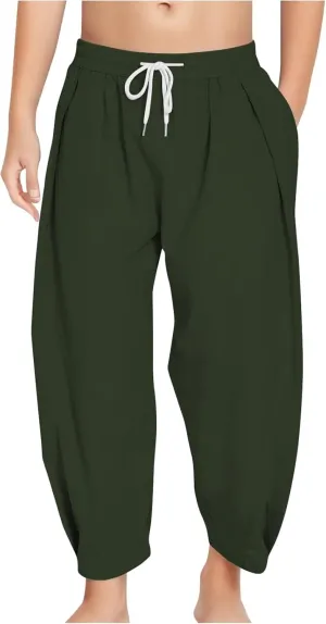 Girls Linen Harem Pants Summer Casual Loose Lightweight Solid Drawstring Vacation Palazzo Wide Leg Pants with Pockets