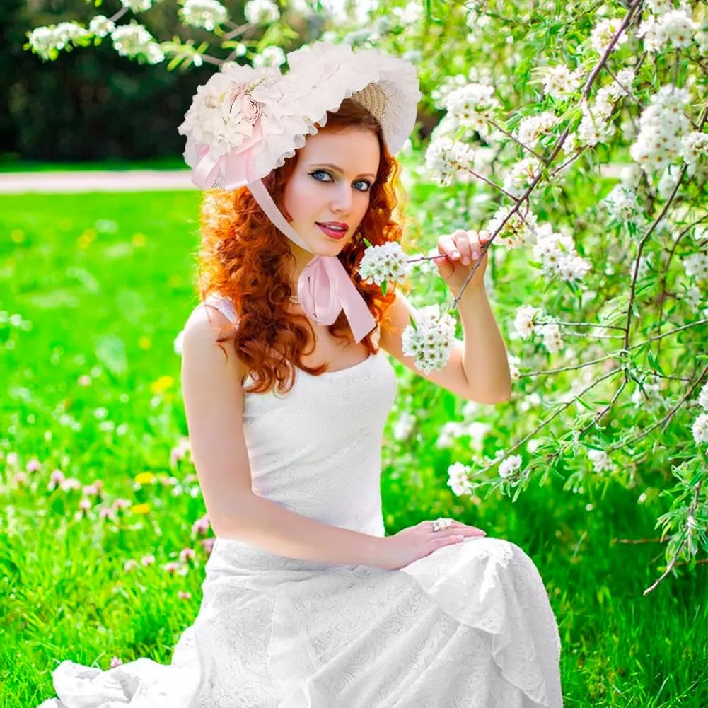 Girls Women Victorian Lolita Flat Bonnet Cap Tea Party Sun Hat Lace Bows Flower Ribbons Straw Hats