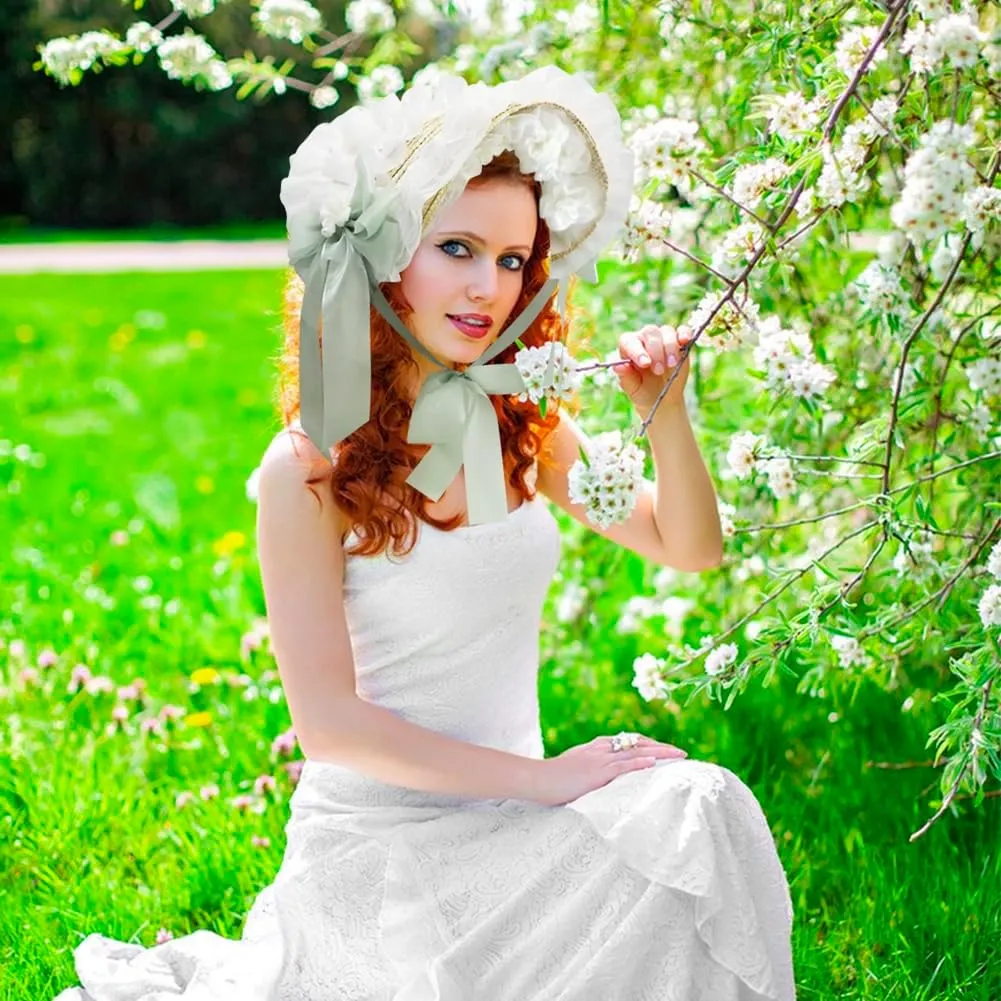 Girls Women Victorian Lolita Flat Bonnet Cap Tea Party Sun Hat Lace Bows Flower Ribbons Straw Hats