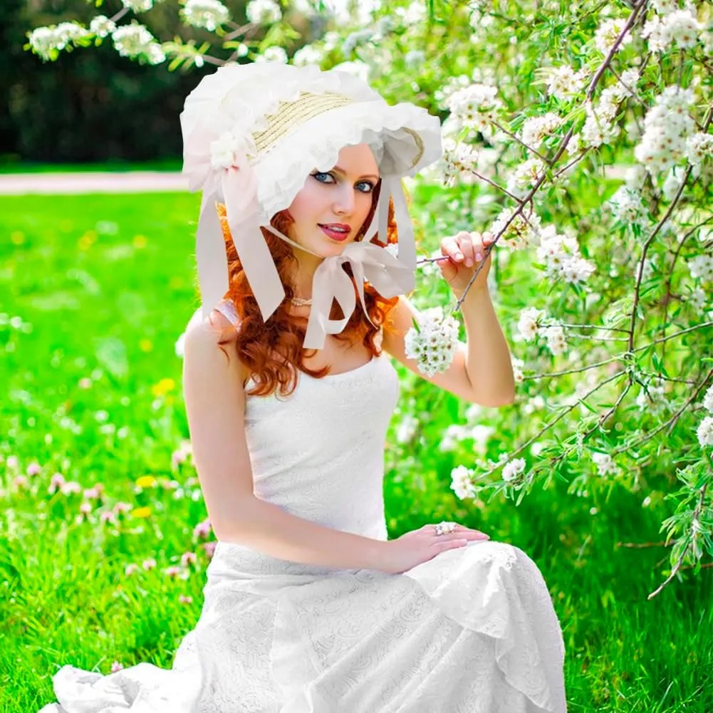 Girls Women Victorian Lolita Flat Bonnet Cap Tea Party Sun Hat Lace Bows Flower Ribbons Straw Hats